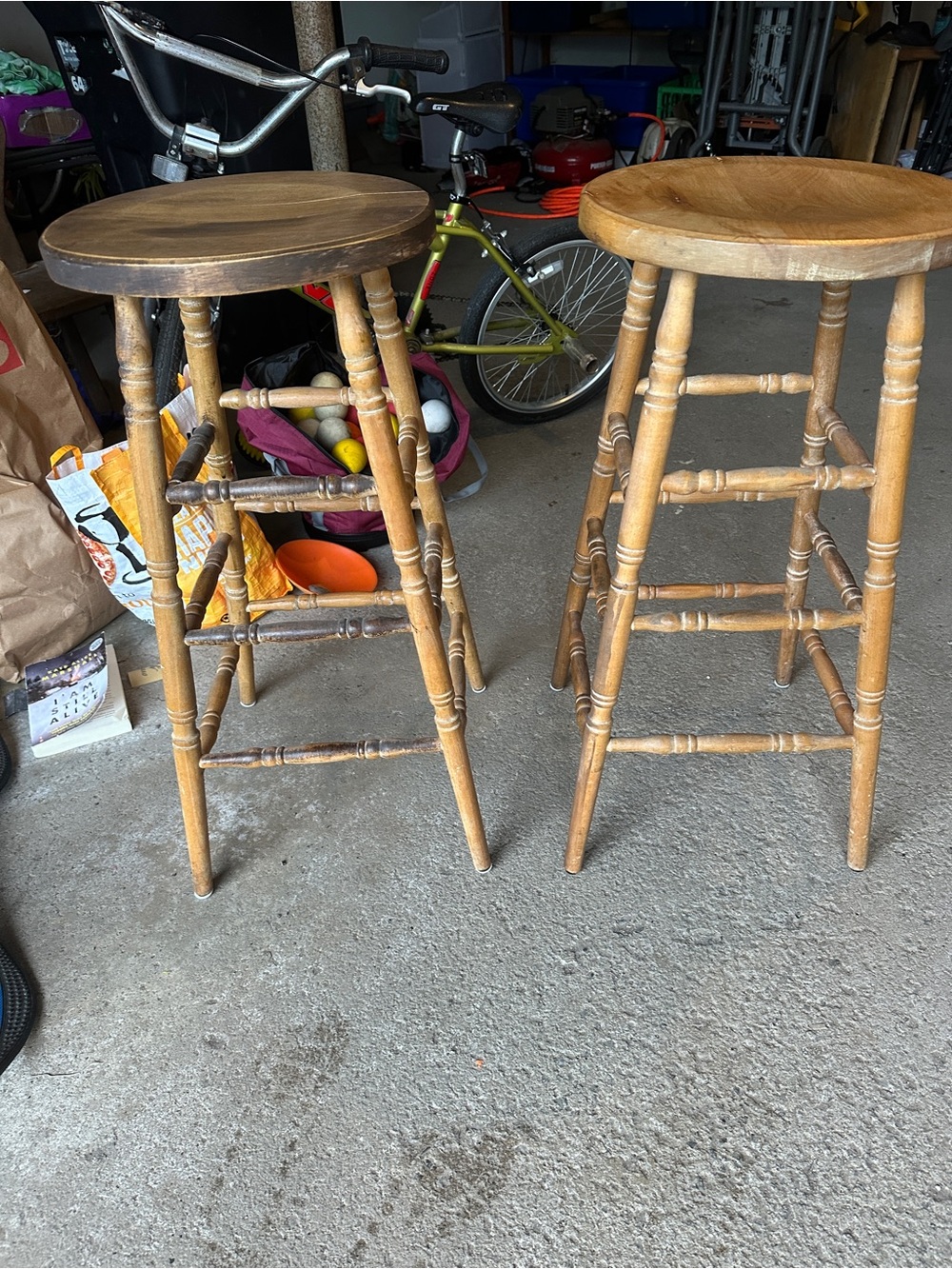 2 vintage turned wood bar stools